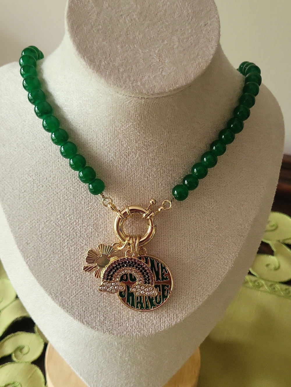 Plunder Green Beaded 'Bonne Chance' Charm Necklace with Gold Accents